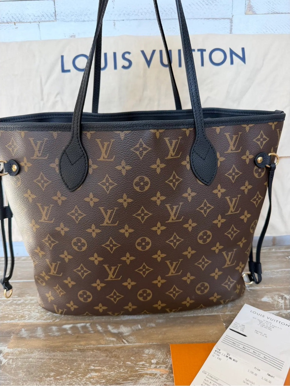 Louis Vuitton Brown Monogram Canvas Tote with Black Straps